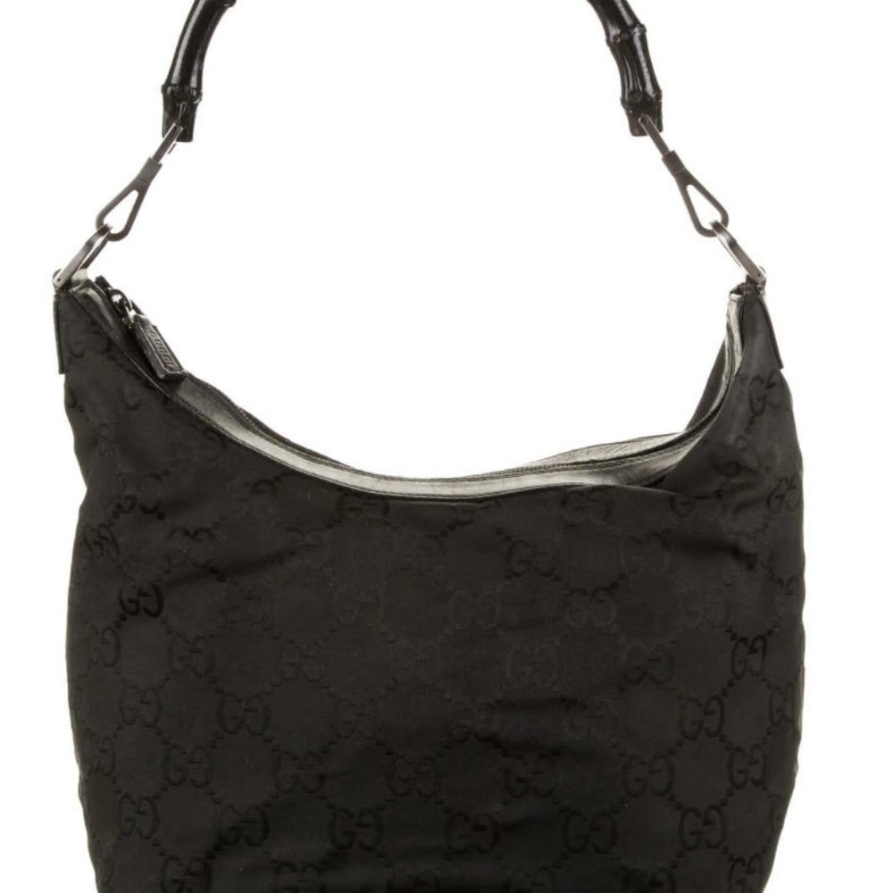 Gucci GG Black Nylon Bamboo Handle Hobo Bag Leather Trim Gunmetal Hardware